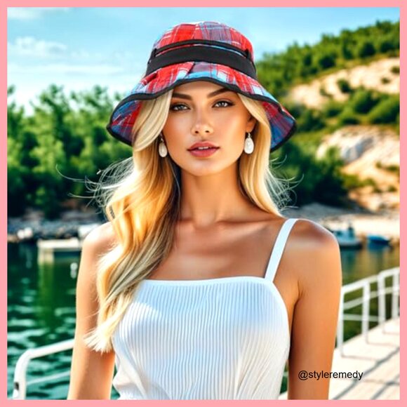 Polyester Plaid Bucket Hat Foldable Sun Protection with Chin Strap main image 4